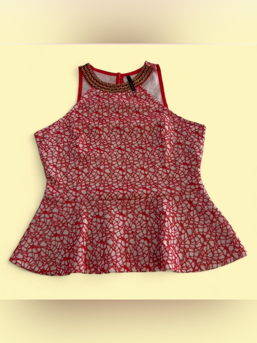 Flamingo Beaded Neck Red Lace Peplum Tank Top.